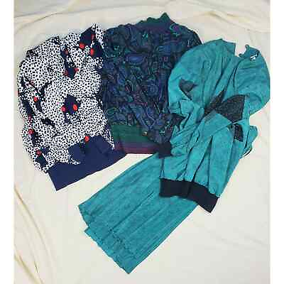 #ad 80s Blue Multi Pattern Long Sleeve Knit Blouses Skirt Lot of 4 Plus Size 1X $24.00