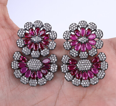#ad FLOWERS SIMULATED RUBY TOPAZ .925 SOLID STERLING SILVER EARRINGS #24225 $81.00
