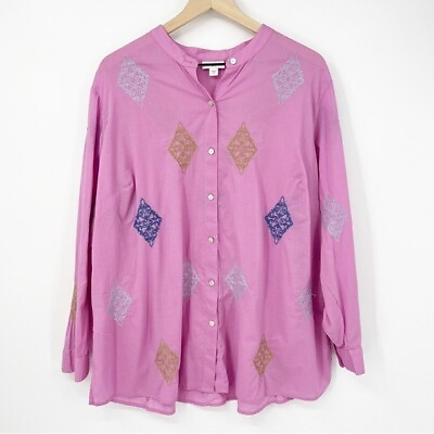 #ad J. Jill Embroidered Blouse Size 2X Pink Lightweight Tunic Side Slit Long Sleeve $18.88