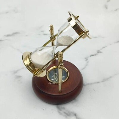 #ad Sand Hourglass Compass Brass Timer Wood Base Gift Rotating Nautical Top Antique $21.49