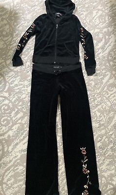 #ad Vtg Rampage Black Velour Track Suit Set Jacket Pants Y2K Glam Flower Embroidered $30.00