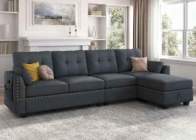#ad Grey Velvet Sectional Sofa L Shaped Couch with Storage Ottoman Reversible $505.00