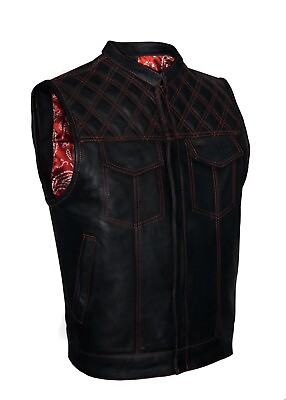 #ad #ad Men#x27;s Black Leather Vest Motorcycle Concealed Red Paisley Lining Waistcoat $97.64