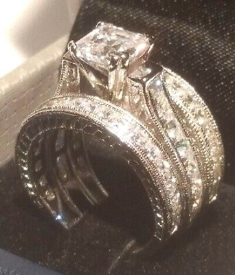 #ad 14k White Gold Sterling Princess Diamond cut Engagement Ring Wedding Set NEW $99.00