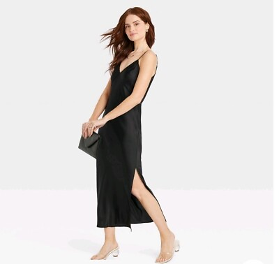 #ad Womens Large Black Slip Dress Sleeveless Midi Satin A New Day $13.99