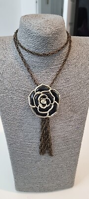 #ad Fashion Jewellery Necklace Long Length Bronze Chain Black Flower Pendant GBP 7.49