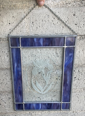#ad Vintage Wall Hang Stained Glass Art Window Flower Rectangular Stain glass Purple $48.00