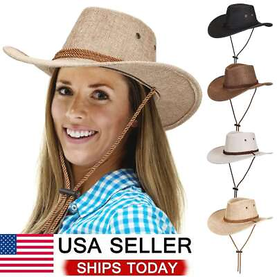 #ad Mens Women Summer Bucket Cap Cowboy Fedora Hat Wide Brim Linen Mesh Outdoor Hats $7.99