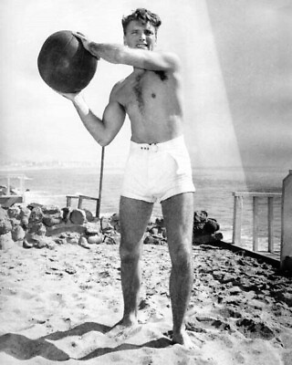 #ad Burt Lancaster beefcake 1950#x27;s on beach holding ball 4x6 inch photo $9.99