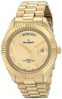 #ad Peugeot 14K All Gold Plated Day Date Roman Numeral Stainless Steel Watch 1029G $79.99