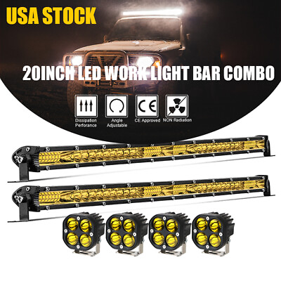 2x 20quot; LED Amber Light Bar 4x 3quot; LED Pods Driving Fog For Jeep Offroad Truck US $70.99