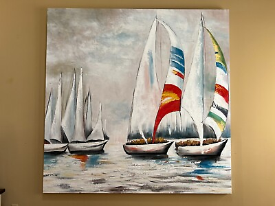 #ad Large New Framed 77quot; x 77quot; Original Hand Painted OIL PAINTING on CANVAS Sailboat $1500.00