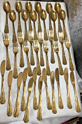 #ad Stainless Gold Color Dinner Ware Flat Ware 36 Pieces Knives Forks Spoons New $89.95