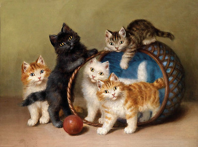 #ad Stunning oil painting lovely and cute animals 5 cats Five kittens playing basket $138.59