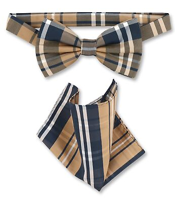 #ad Vesuvio Napoli BowTie Navy Brown White Plaid Design Mens Bow Tie Handkerchief $12.95