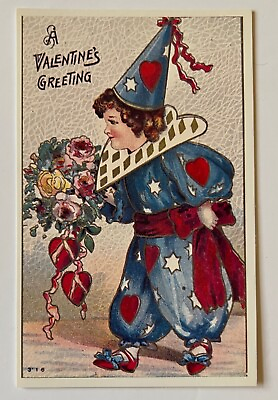 #ad Vintage A Valentiine#x27;s Greeting Postcard Boy Harlequin Clown Bouquet Flowers $4.95