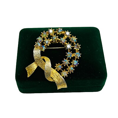 #ad Vintage Rhinestone Brooch Gold Tone Wreath Light Blue Sparkling AB Gems Estate $16.00