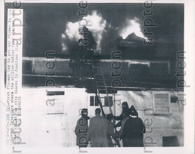 #ad 1954 Zion IL Firemen at Million Dollar Fire Try to Save a Walgreens Press Photo $15.00