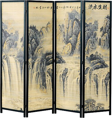 #ad 4 Panel Black Frame Freestanding Room Divider Bamboo Folding Privacy Screen $289.99