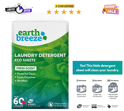 #ad Earth Breeze Laundry Detergent Sheets Fresh Scent No Plastic Jug 60 Loads $13.99