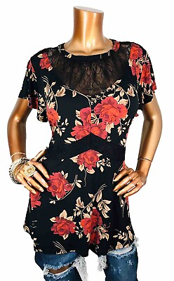 #ad Torrid 2 or 2X Plus Top Stretch NWT $42 Lace Peplum Loose Fit Tunic Short Sleeve $19.99