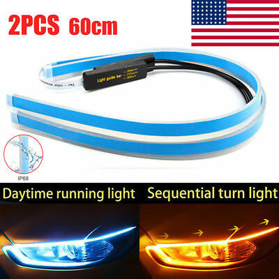 #ad 2 x 60CM Slim Amber Sequential Flexible LED DRL Turn Signal Strip for Headlight $10.99