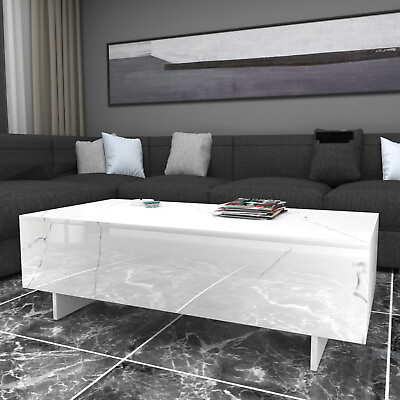 #ad White Large Modern High Gloss Marble Veneer Coffee Table Rectangle Living Room $119.99