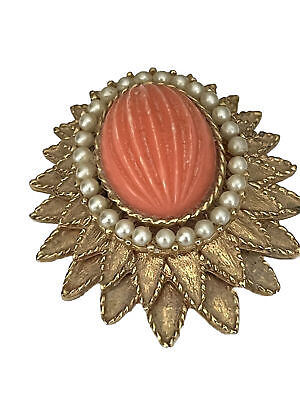 #ad Stunning Signed Faux Coral Goldplated Emmons Brooch $27.50