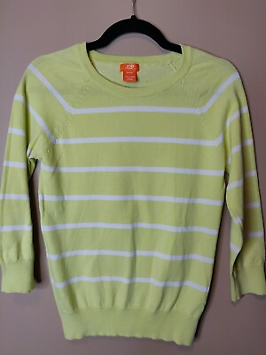#ad Joe Fresh women XS pullover sweater yellow amp; white stripe round neck 3 4 sleeve $12.97