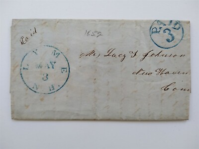 #ad New Hampshire: Lyme 1852 Stampless Cover Blue CDS amp; Circled PAID 3 to Ct. $30.00