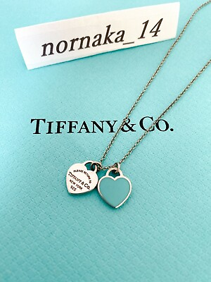 #ad Near MINT TIFFANY amp; Co Return to Mini Double Heart Necklace Enamel Blue No Box $164.35