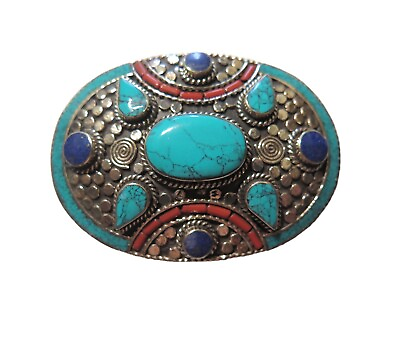 #ad Oval Belt Buckle Inlaid Stones Turquoise Coral Lapis Tibetan Silver 1 5 8quot; Belt $59.40