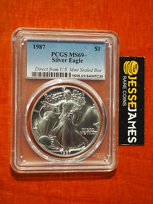 #ad 1987 $1 AMERICAN SILVER EAGLE PCGS MS69 DIRECT FROM U.S. MINT SEALED BOX LABEL $69.95