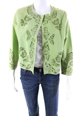 #ad Ermanno Scervino Womens Leather Paisley Cutout Long Sleeved Jacket Green Size 40 $73.19