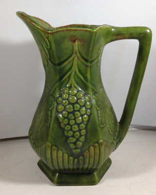 #ad Vintage Green Ceramic Pitcher Sculptured Grapes 8” $5.88