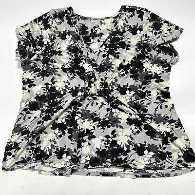 #ad Covington Top Women Plus 2X Gray Black Floral Cotton Modal Short Sleeve V Neck $9.69