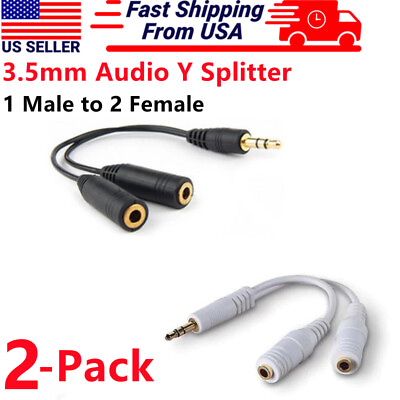 #ad 2 Pack 3.5mm AUX Audio Splitter 1 Male to 2 Female Headphone Y Cable Gold Plated $3.95