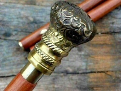 #ad Antique Brass Designer Head Handle Wooden Walking Stick Vintage Shaft Cane gift $33.41