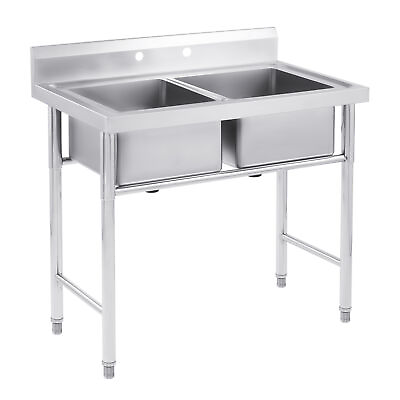 #ad Commercial Utility Stainless Steel Sink Freestanding Kitchen Sink 2 Compartment $247.76