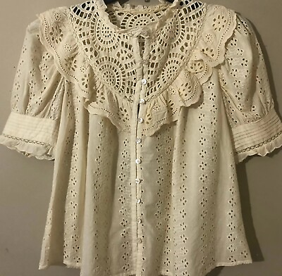 #ad House of Harlow 1960 Eyelet Ruffle Blouse Embroidered Shirt Top Cream Sz M New $37.39