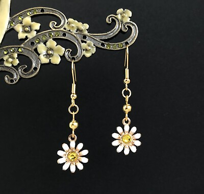 #ad White and Yellow Daisy 316L Hypoallergenic Steel Gold Drop Earrings in Gift Bag GBP 5.45