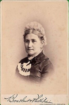 #ad Antique Cabinet Card Photo Stern Woman wearing Cap Fancy Collar Philadelphia PA $7.98