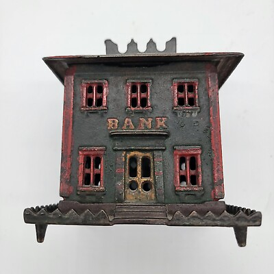#ad Antique Cast Iron Crown Building Bank On Legs Rare Estate Find $2450.00