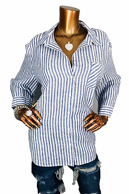 #ad Chico#x27;s 4 or 1X Plus Top Striped 100% Linen Soft No Iron Button Up Shirt 3 4 Slv $23.99