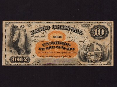 #ad Uruguay:P S38510 Pesos 1 Doblone1867 * Banco Oriental * F VF * $159.00