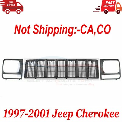 #ad New Fits 1997 2001 Jeep Cherokee Front Black Grille amp; Headlamp Doors Set 3pc $99.40