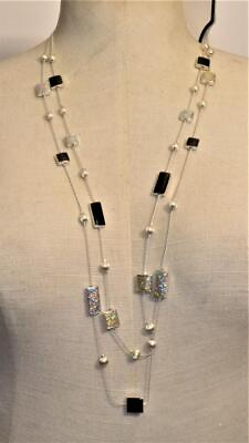 #ad NWT MALANDRINO Silvertone Black Enamel Set 26quot; 2 Strand Necklace Pierced Earring $39.99