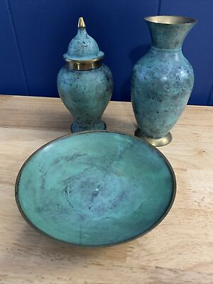 #ad Vintage Brass with Green Patina 3 Piece Set: Urn Vase amp; Bowl Made in India $29.97