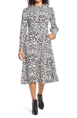 #ad New 99$ Halogen Womens Sz M White Black Feather Tiger Tie Back A Line Midi Dress $34.99