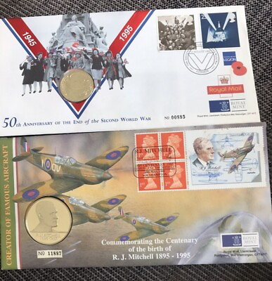 #ad 2x 1995 FDC £2 50th Anniversary Peace Dove End WWII R.J Mitchell SpitFire Medal GBP 18.00